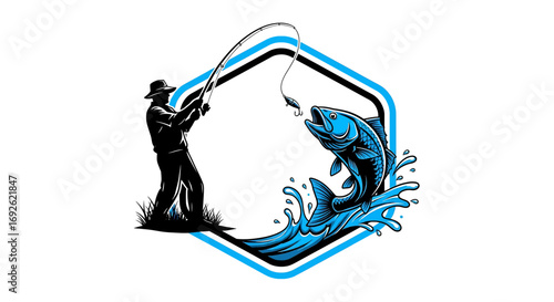 Fisherman silhouette catching a big fish jumping out of the water fishing rod and reel in action