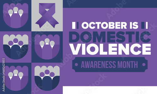 Domestic Violence Awareness Month in October. Celebrate annual in United States. Awareness purple ribbon. Day of Unity. Prevention campaign. Stop women abuse. Poster, banner and background. Vector