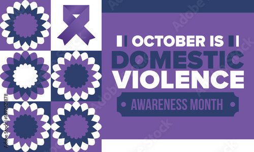 Domestic Violence Awareness Month in October. Celebrate annual in United States. Awareness purple ribbon. Day of Unity. Prevention campaign. Stop women abuse. Poster, banner and background. Vector
