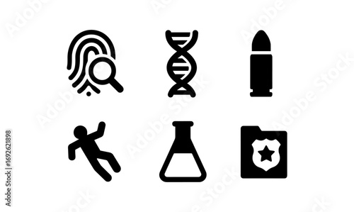 Crime investigation icons: fingerprint, dna, bullet, crime scene, lab, badge