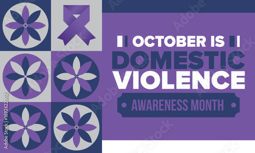Domestic Violence Awareness Month in October. Celebrate annual in United States. Awareness purple ribbon. Day of Unity. Prevention campaign. Stop women abuse. Poster, banner and background. Vector