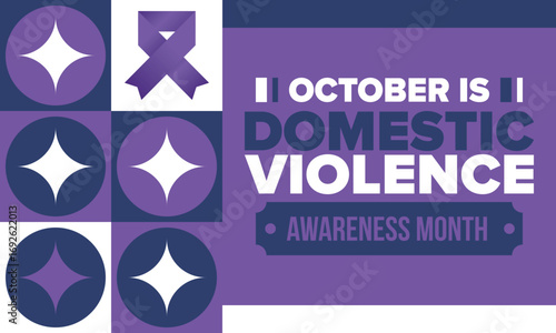 Domestic Violence Awareness Month in October. Celebrate annual in United States. Awareness purple ribbon. Day of Unity. Prevention campaign. Stop women abuse. Poster, banner and background. Vector