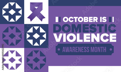 Domestic Violence Awareness Month in October. Celebrate annual in United States. Awareness purple ribbon. Day of Unity. Prevention campaign. Stop women abuse. Poster, banner and background. Vector