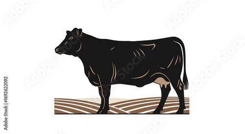 Illustration of a black angus cow standing in a field, the cow is facing left
