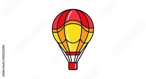 Illustration of a hot air balloon with red and yellow panels, the balloon is floating