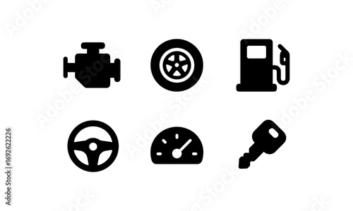 Car maintenance icons in minimalist black style for automotive design