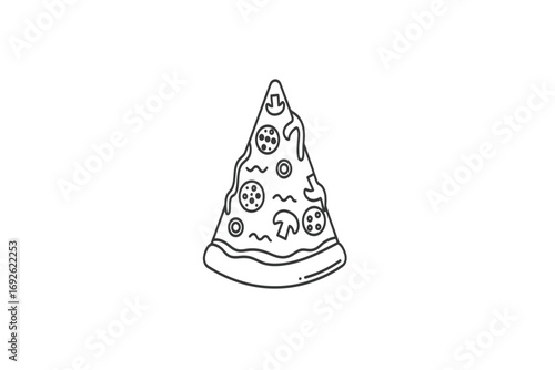 A simple black and white line drawing of a slice of pizza with various toppings shown
