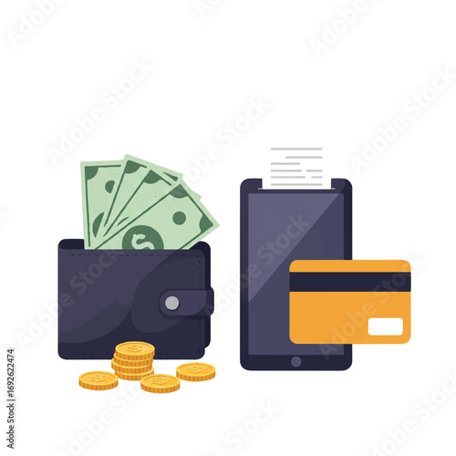 Flat lay illustration of a wallet with cash, coins, smartphone with vector payment app, and credit card against a white background, showcasing a simple and clean visual