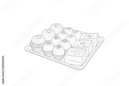 Illustration of a tray filled with various sweets including laddu and barfi desserts