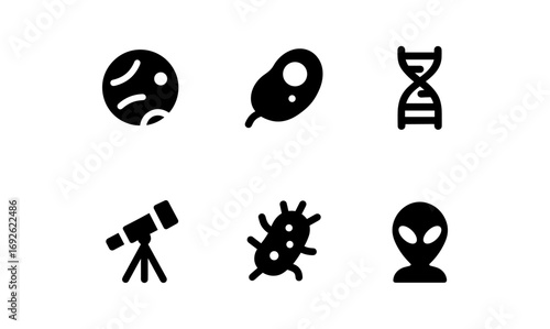 Silhouette icons of space and microbiology: telescope, alien, and microorganisms