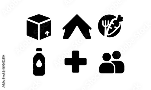 Essential icon set: box, tent, food, bottle, health, community silhouettes