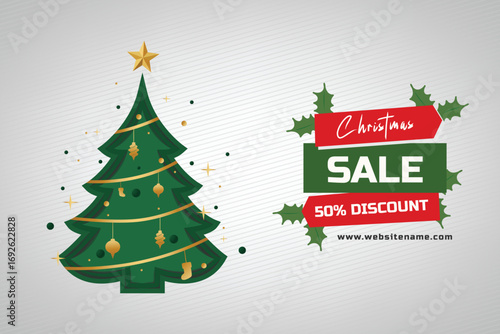 Christmas Sale Banner Design with Discount Offer and Festive Decorations