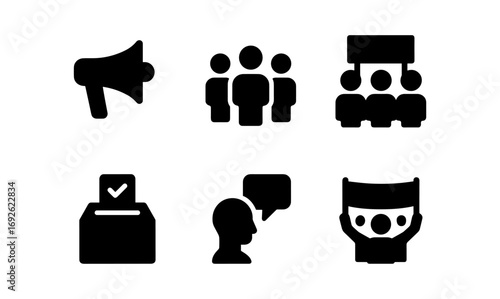 Black icon set: megaphone, group, meeting, ballot, chat, protest