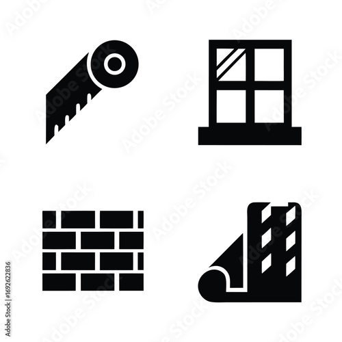 Black silhouette icons of saw brick wall window and wallpaper roll tool cutting