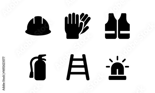 Safety equipment icons set including helmet glove vest and emergency tools