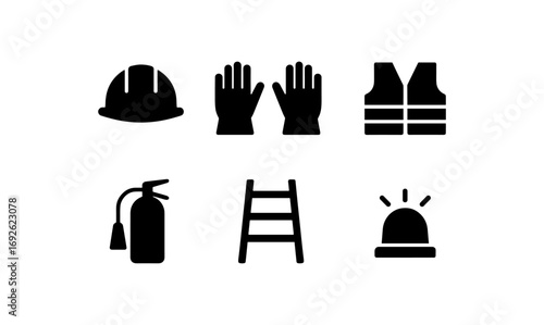 Safety equipment icons set featuring essential work gear in silhouette style