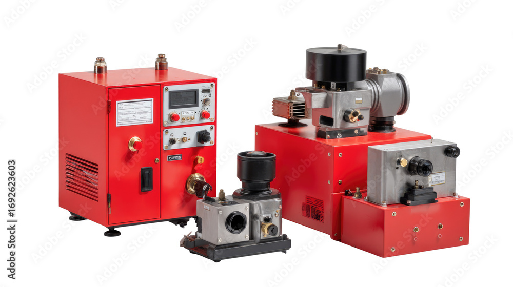 Fototapeta premium Industrial Equipment Powerhouse: A showcase of robust red industrial equipment, meticulously arranged to highlight the advanced technological features, evoking a sense of precision, power.