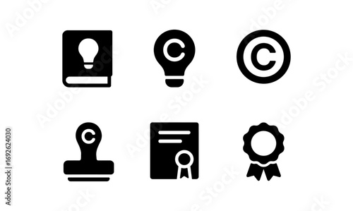 Copyright symbols and icons set: light bulb, certificate, seal, stamp