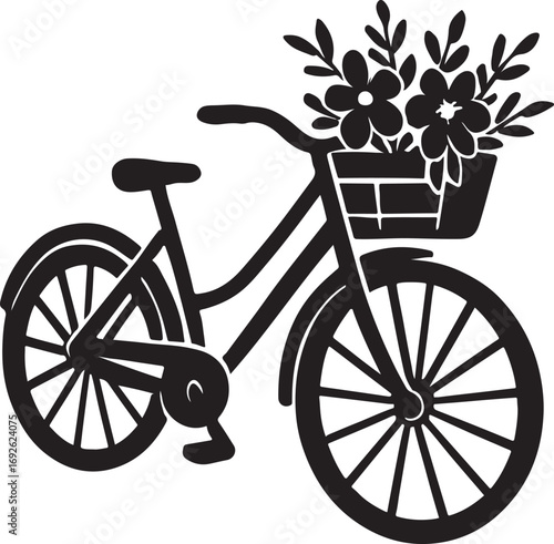 Bicycle Silhouette with Floral Basket  Black and White Line Art