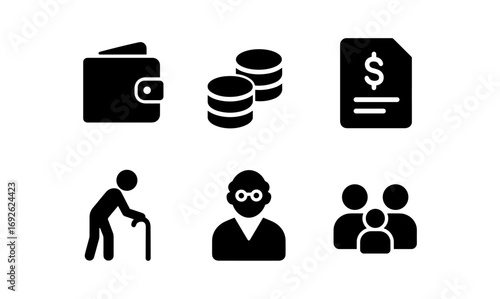 Financial security icons: wallet, coins, invoice, elderly care, family support