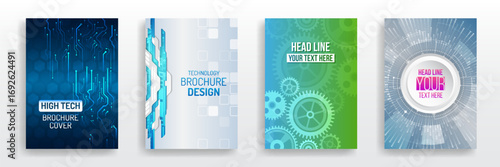 Set of modern technology brochure covers with circuits, gears, and abstract digital elements. Ideal for business reports, flyers, catalogs, and futuristic design projects.