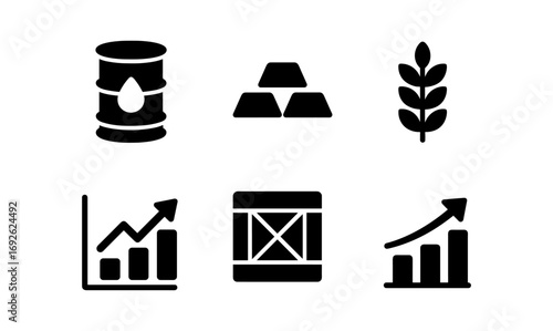 Economic icons set featuring oil, gold, agriculture, and growth charts
