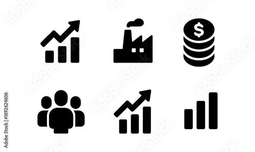 Business icons set: growth, industry, finance, teamwork in bold silhouette style