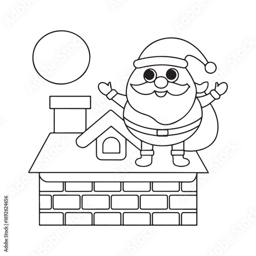 Black and white coloring page of Santa Claus on a rooftop with a chimney and a full moon illustration