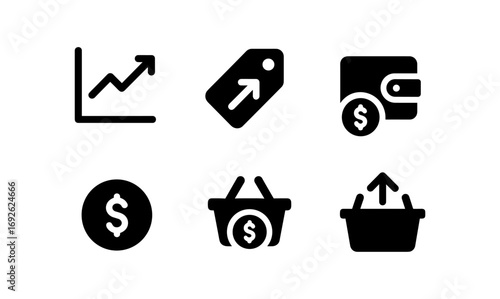 Trend icons: growth, finance, and shopping symbols in bold black silhouette style