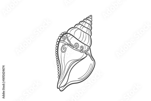 Detailed line art of a conch shell adorned with swirls and a beaded necklace design
