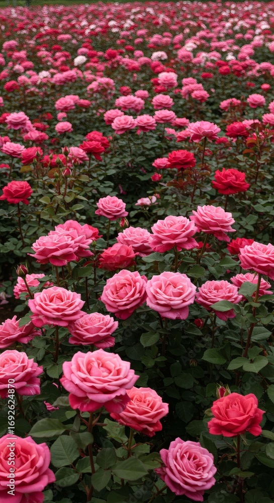 Field of pink and red roses in full bloom.