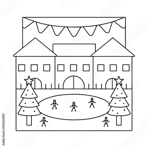 Black and white line drawing of a winter village scene with ice skating and Christmas trees town rink