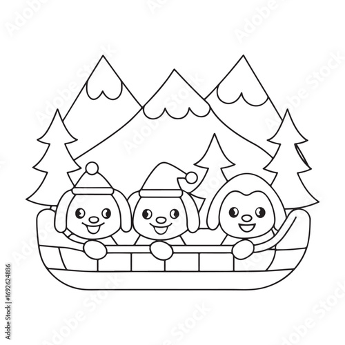 Three cartoon dogs and a penguin wearing Santa hats in a sled with snowy mountains and pine trees Keywords: cartoon, dogs, penguin, sled, Santa hats, Christmas, winter, snow, mountains, trees