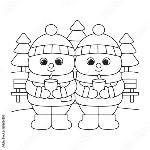 Two cartoon snowmen wearing hats and scarves holding cups with candles in a winter scene with trees and a bench Keywords: cartoon, snowmen, winter, hats, scarves, candles, cups, holding, bench