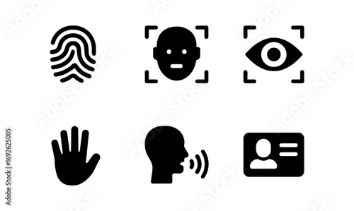 Biometric security icons set featuring face recognition, fingerprint, and eye scan in silhouette style