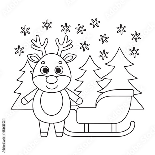 Adorable cartoon reindeer standing next to a sleigh with snowflakes and pine trees outline christmas
