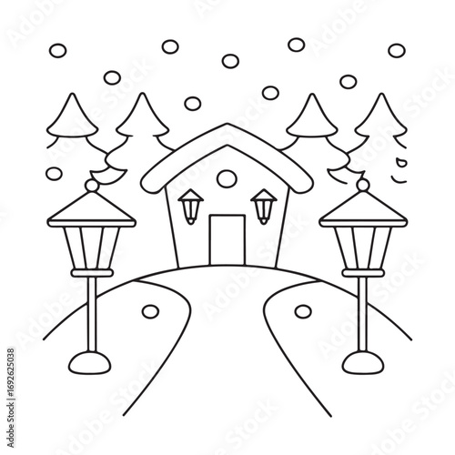 Snowy winter scene with a house, trees, and lampposts snowing cabin