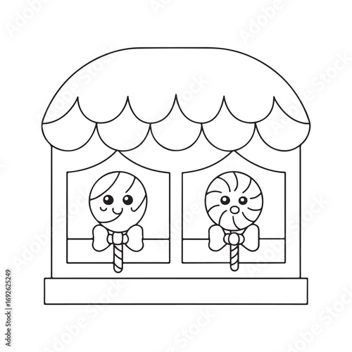 Cute cartoon candy shop with two lollipops in windows sweet shop sweets
