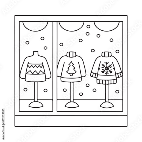 Christmas Sweaters Displayed in a Shop Window Keywords: christmas, sweaters, jumpers, knitwear, display, shop, window, mannequins, festive, holiday, winter, fashion, clothing, drawing, outline