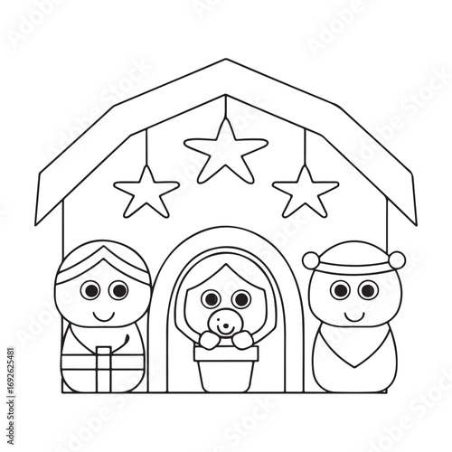 Black and white outline drawing of a nativity scene with Mary, Joseph, and baby Jesus Keywords: nativity, scene, christmas, holiday, jesus, baby, mary, joseph, stable, manger, stars, religious