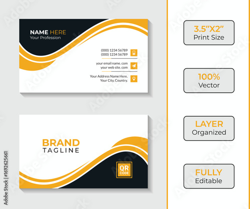 Modern business card design with orange wave accents and company name placeholders