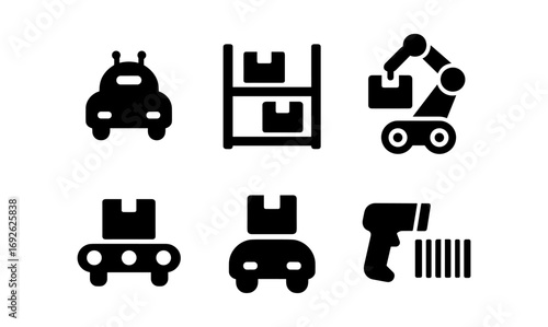 Silhouette icons of automated warehouse technology and robotics logistics