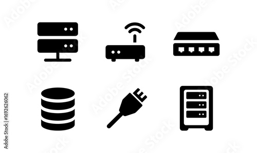 Essential networking equipment icons: simple black and white silhouettes