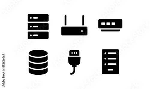 Minimalist technology icons set featuring servers and networking devices