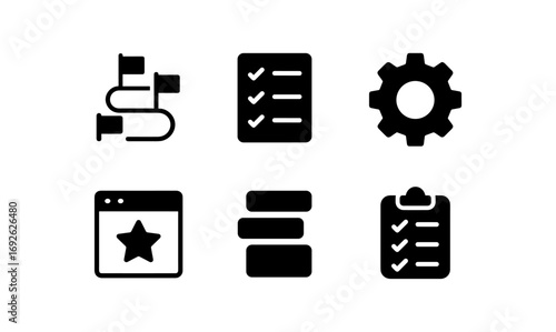 Minimalist set of workflow and task management icons in black and white