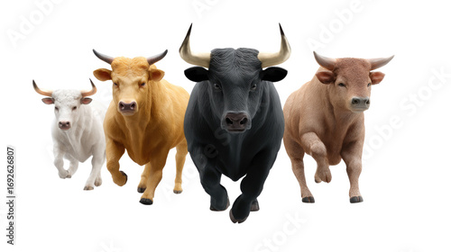 Vibrant Bulls: A powerful group of bulls charge forward, showcasing their strength and vigor. each bull boasts a unique coat of color, the image embodies the raw energy and untamed spirit of nature.