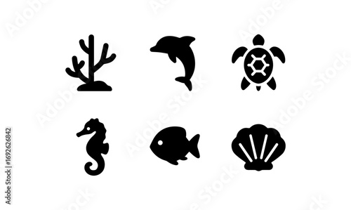 Simple ocean silhouettes: marine life icons featuring coral, dolphin, turtle, seahorse, fish, shell