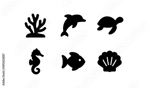 Aquatic icons collection: marine life silhouettes featuring dolphin, turtle, fish, and coral