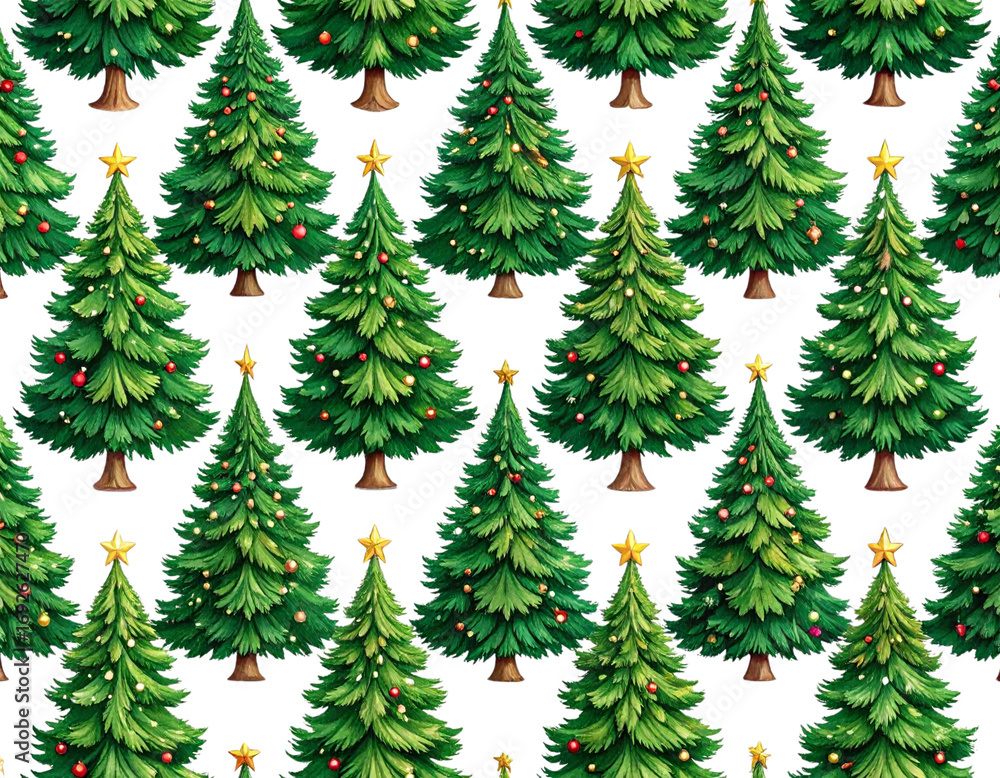 Fototapeta premium Seamless Christmas Tree Pattern with Green Pine Trees, Transparent PNG background 