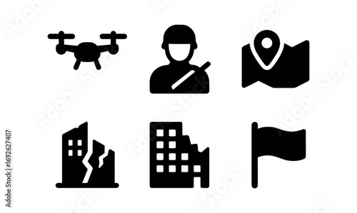 Military and urban icons set: drone, soldier, map, buildings, flag